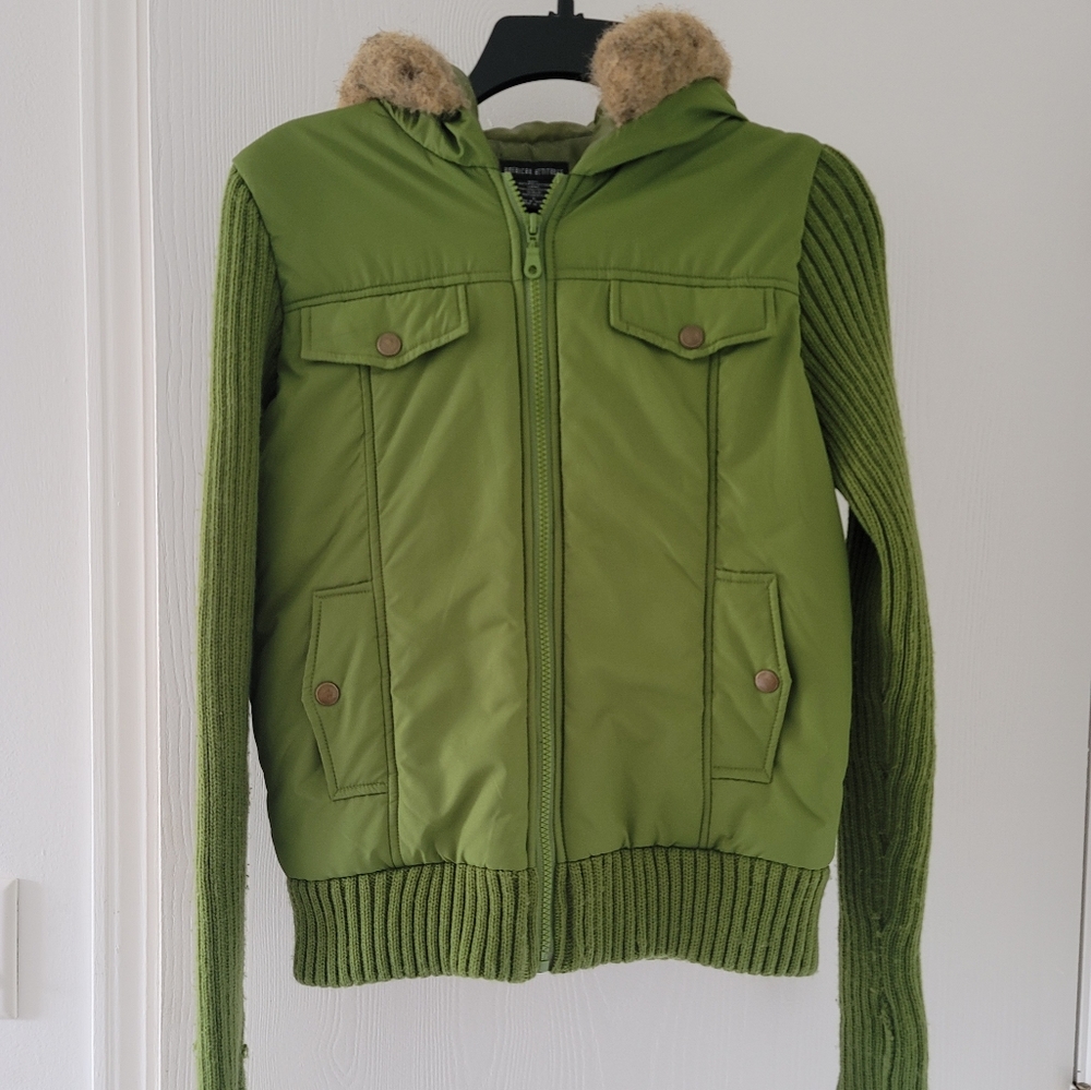 American Attitudes Jacket Womens Juniors Size L Green Hooded Puffer Knit Sleeves